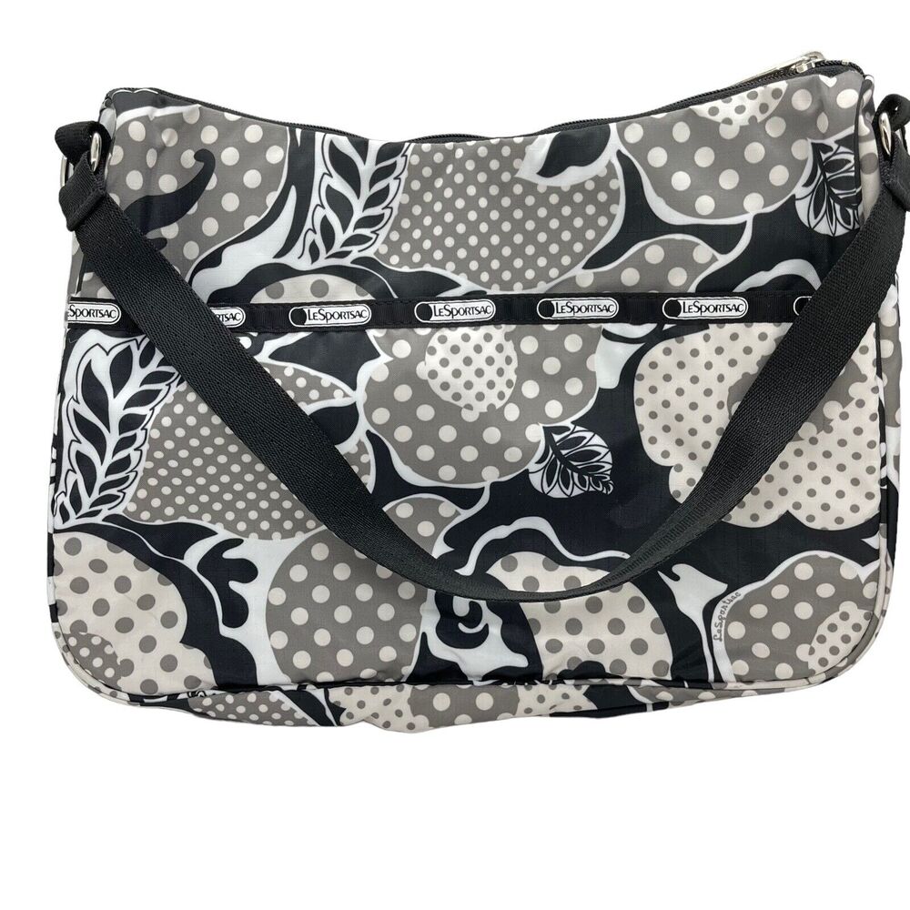 LeSportsac Classic Hobo Bag Purse Shoulder Black White Gray Dot Flower Mod Women